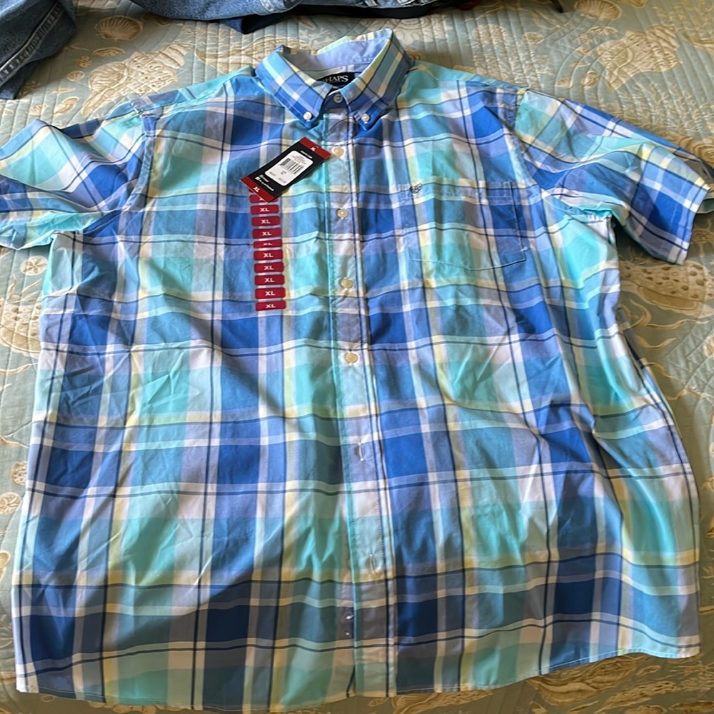 Blue plaid shirt, button-down size large
